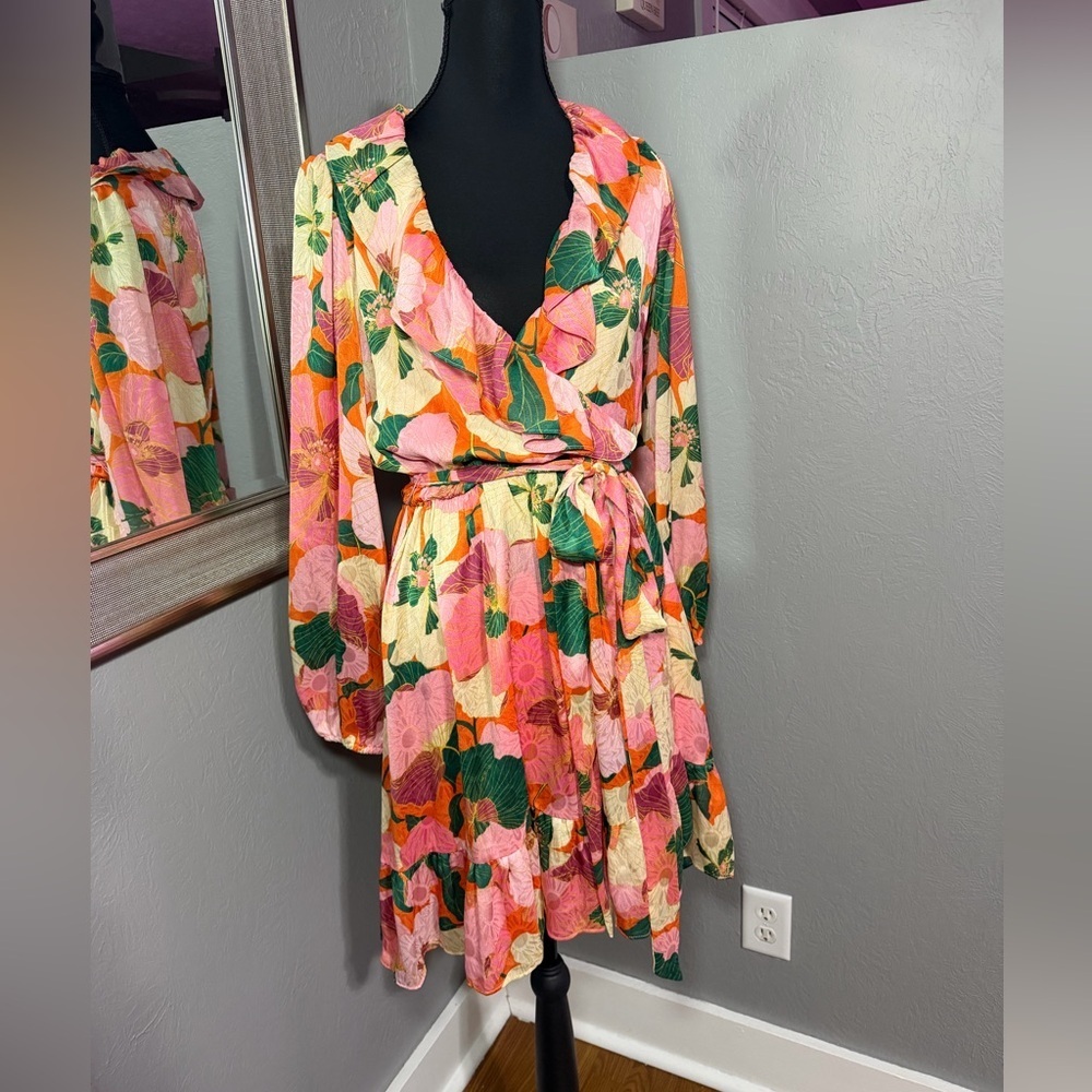 NWT Taylor Garden Botanical Pink Dahlia Faux Wrap w/ Tie Cottagecore Dress  8 - Picture 2 of 6